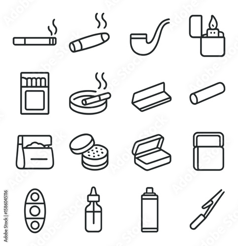 Smoking accessories line icons. cigarette, cigar, pipe, lighter, matchbox, ashtray, rolling papers, filter tip, tobacco pouch, grinder, snuff