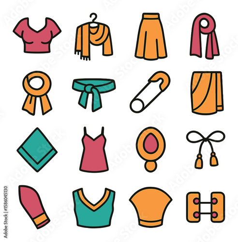 Silk Saree Pairings modern flat style . silk blouse, shawl wrap, petticoat, dupatta, scarf, wrap belt, safety pin, drape pleat, handkerchief, silk slip, brooch safety