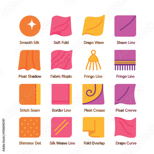 Silk Saree Texture Details modern flat style . smooth silk shine, soft fold, drape wave, sheen line, pleat shadow, fabric ripple, tassel detail, fringe line, stitch seam