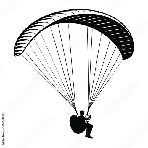 Paragliding person flying over valley silhouette vector isolated black and white outdoor adventure design