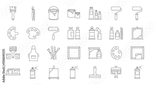 A Grid of Simple, Clean Line Drawings Depicting Various Painting and Art Supplies