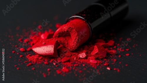 Broken Red Lipstick with Powdered Pigment on Black Background, Close-Up