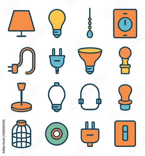 Lampstand Accessories modern flat style . lampshade, light bulb, pull chain, dimmer switch, power cord, plug, reflector, shade finial, lampstand base, lamp harp, harp