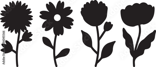 Black flower silhouettes with leaves and buds white