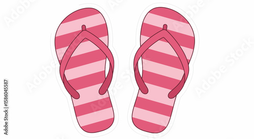 Pair of pink striped flip-flops, summer footwear, beach sandals.