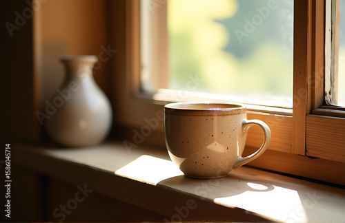 warm sunbeam illuminates gentle curves beige speckled ceramic cup perched rustic wooden windowsill soft morning light