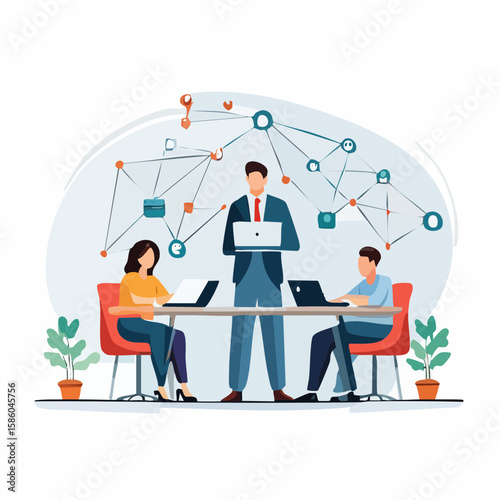 Vector illustration of business people working remotely on laptops with connected network