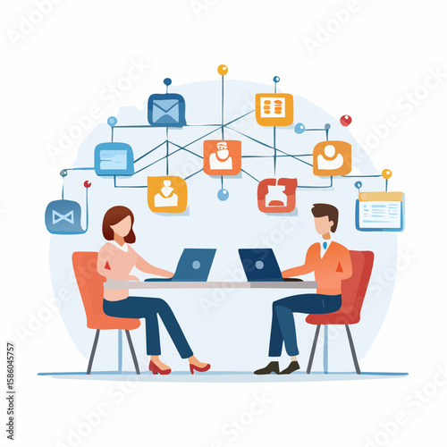 Vector illustration of business people working remotely on laptops with connected network