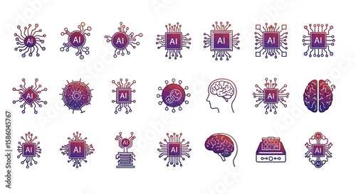 A Grid of Twenty-Four Stylized Icons Depicting Artificial Intelligence and Technology 