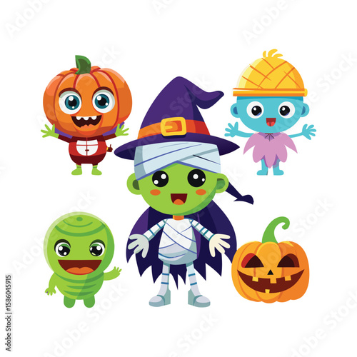 Cute halloween characters including pumpkins mummy and alien isolated on white background