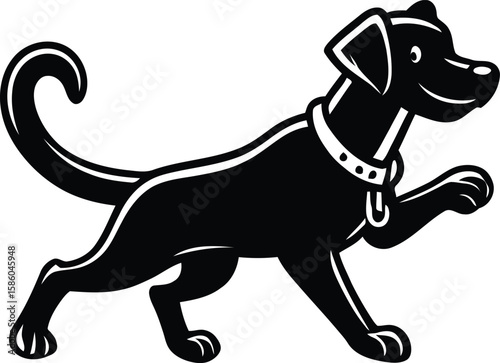 Happy dog running with a wagging tail and collar silhouette