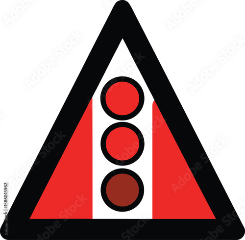 Red traffic light warning sign isolated on road background