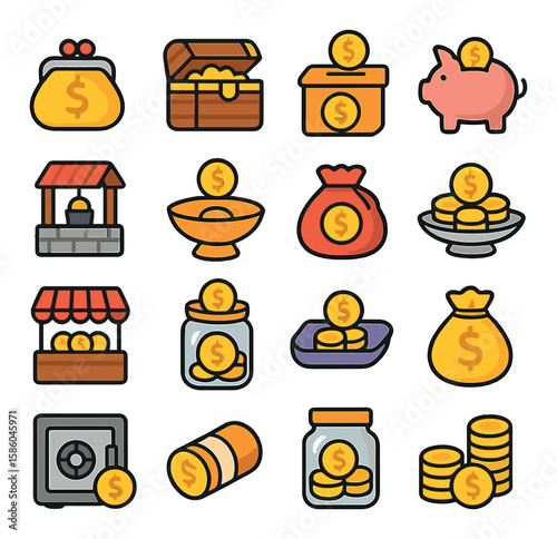 Gold Coin Uses modern flat style . coin purse, treasure chest, donation box, piggy bank, wishing well, temple offering plate, lucky pouch, altar plate, marketplace stall