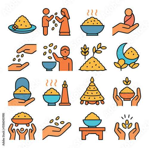 Rice Ritual Themes modern flat style . puja rice plate, wedding shower of rice, housewarming rice bowl, newborn rice offering, prayer rice scattering, festival rice