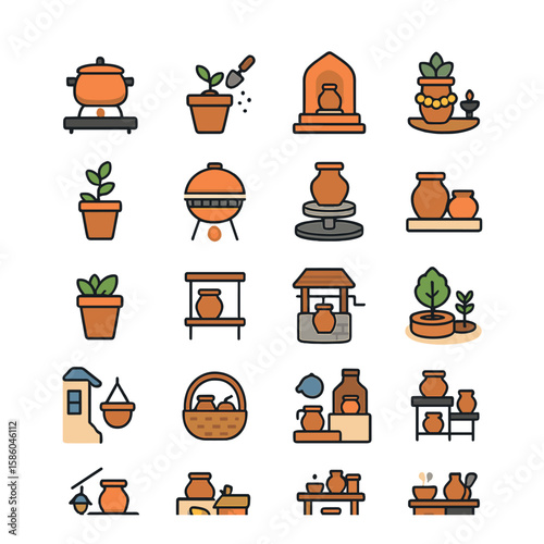 Clay Pot Uses & Scenes modern flat style . kitchen stove, garden potting, temple altar, ritual puja, herb planting, terracotta grill, pottery wheel, countertop display