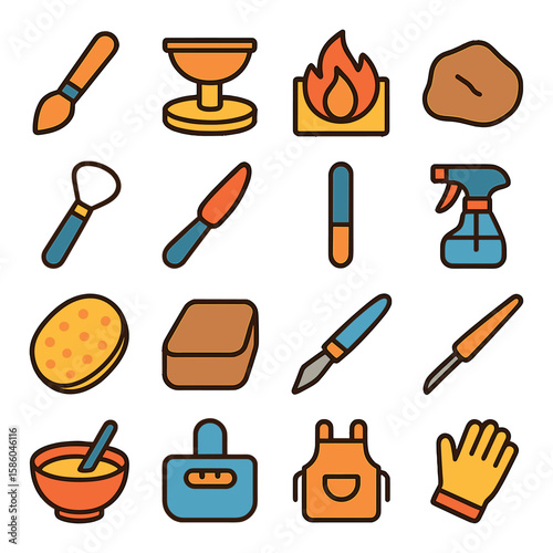Clay Pot Tools & Accessories modern flat style . pottery brush, potter’s wheel, kiln flame, clay lump, shaping tool, trimming knife, glazing paddle, water spray, sponge