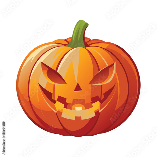 A spooky orange jack o lantern with a green stem isolated on white background