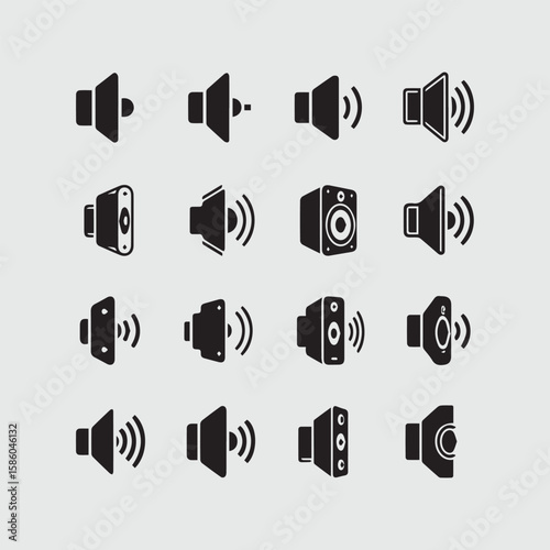 Collection of black speaker icons representing different sound levels and types