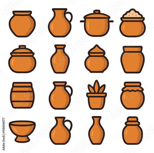 Clay Pot Varieties modern flat style . earthen pot, water pitcher, cooking pot, rice pot, storage jar, terracotta urn, incense pot, plant pot, keg pot, milk pot, herbal
