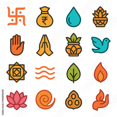 Kalash Symbolic Elements modern flat style . blessing sign, prosperity icon, purity droplet, abundance symbol, devotion hand, prayer mudra, wealth motif, peace emblem