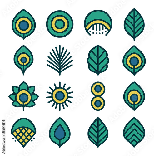 Peacock Feather Patterns modern flat style . eye spot, concentric rings, dotted fringe, striped vane, spiral tip, radial veins, scalloped edge, wave barbs, zigzag tip