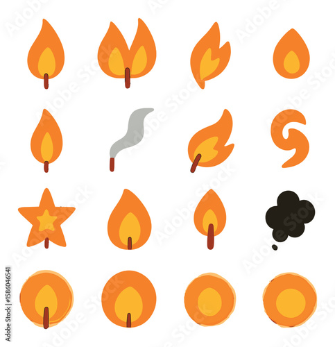 Candle Flames modern flat style . single flame, dual flame, flickering flame, glowing ember, high flame, extinguished flame, wind-blown flame, spiral flame, star-shaped