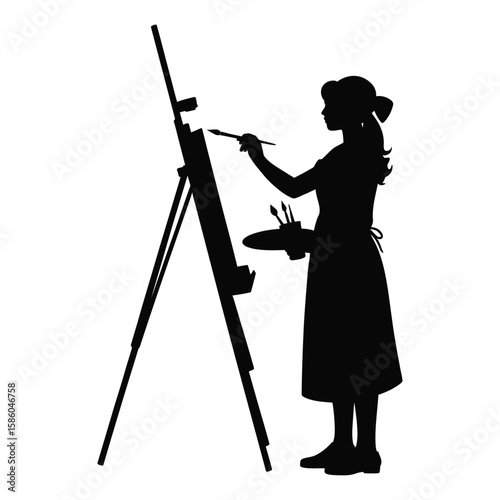 Silhouette of a female artist painting on an easel with brushes and palette, isolated black and white vector illustration