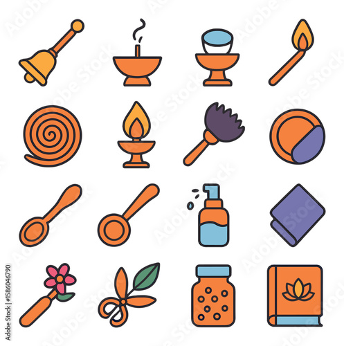Puja Thali Ritual Tools modern flat style . bell stick, incense burner, camphor holder, matchstick, wick coil, flame stand, soot brush, plate wipe, offering spoon, water