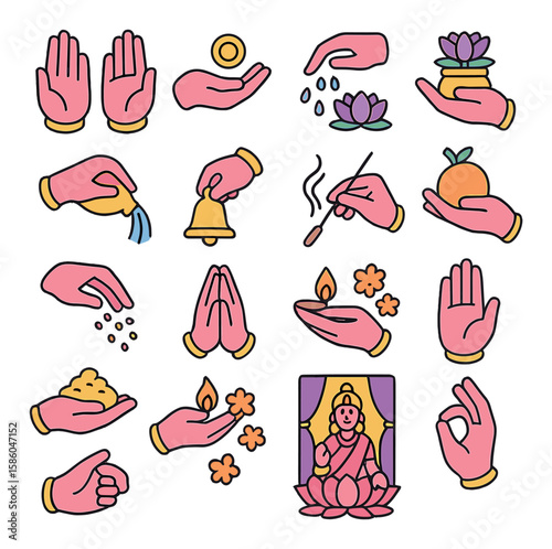 Lakshmi Ritual Actions modern flat style . hands in blessing, hand offering coin, hand showering lotus, hand holding lotus pot, hand pouring water, hand ringing bell