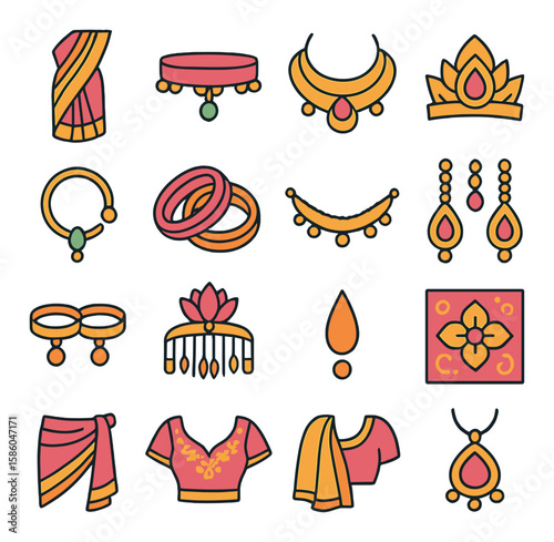Lakshmi Attire & Adornments modern flat style . sari drape, anklet, necklace, crown, nose ring, bangles, waist chain, earrings, toe ring, hair ornament, bindi, silk