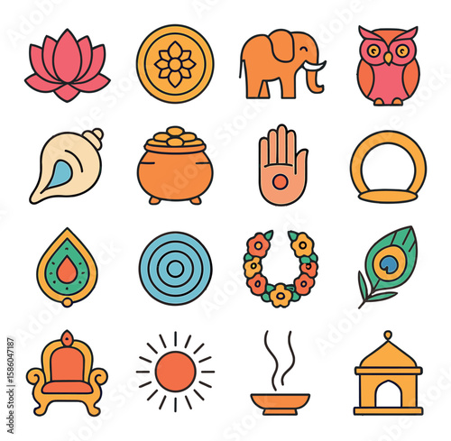 Lakshmi Symbols modern flat style . lotus flower, gold coin, elephant, owl, conch shell, pot of gold, gesture of blessing, halo, adornment jewel, water ripple, floral