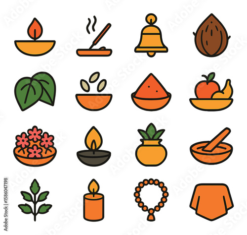 Lakshmi Offerings & Ritual Items modern flat style . diya lamp, incense stick, bell, coconut, betel leaves, rice grains, kumkum powder, fruit plate, flower tray, camphor
