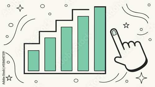 Clean minimalist bar graph illustration: upward trending data, finger tap interaction, pastel green, clean design aesthetic.