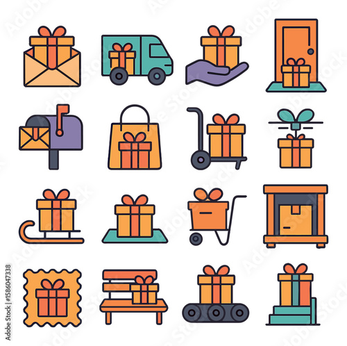 Gift Box Delivery modern flat style . mail parcel, courier van box, pickup hand, doorstep box, mailbox gift, delivery bag, gift trolley, drone drop, gift on sled