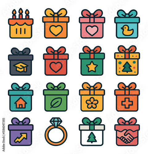 Gift Box Occasions modern flat style . birthday box, anniversary package, wedding gift, baby shower present, graduation package, valentine’s day parcel, christmas gift