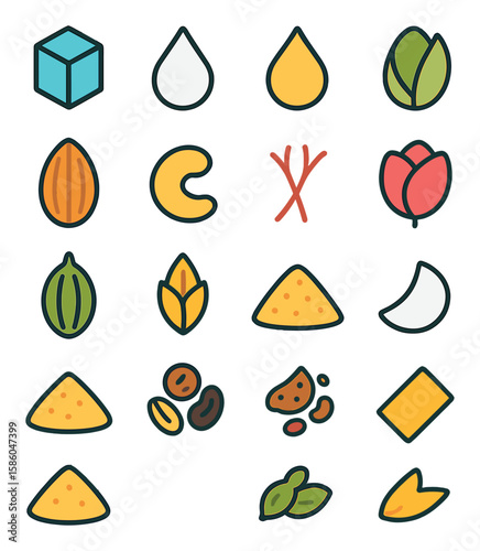 Sweets (Mithai) Ingredients modern flat style . sugar crystal, milk drop, ghee droplet, pistachio nut, almond kernel, cashew half, saffron strand, rose petal, cardamom