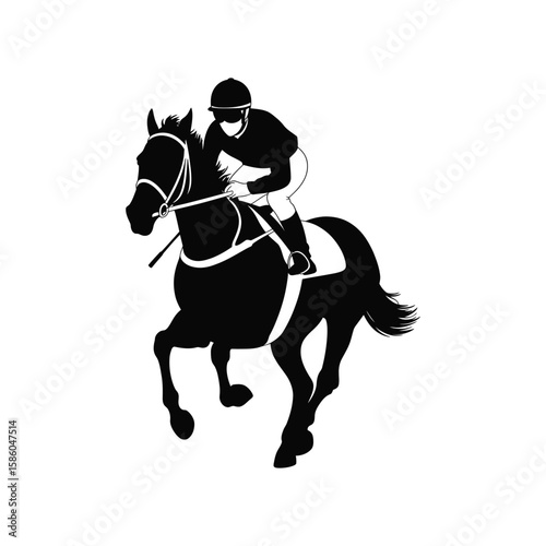 Silhouette of a jockey riding a galloping horse in dynamic action pose, isolated black and white vector illustration