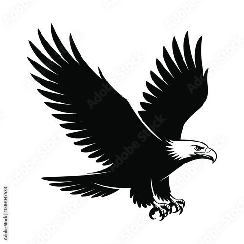 Silhouette of a majestic bird flying with wide open wings and spread tail, isolated black and white vector illustration