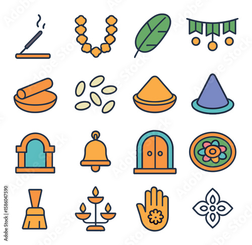 Rangoli Cultural Elements modern flat style . incense stick, marigold garland, banana leaf, toran hang, sandalwood paste, rice grains, turmeric powder, chalk cone, stone