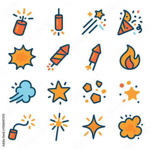 Firecracker Party Elements modern flat style . burst cracker, string fuse, sparkle trail, confetti burst, pop soundwave, paper wrap, wooden stick, flame flicker, smoke