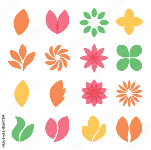 Rangoli Petal Arrangements modern flat style . single petal, petal pairs, petal ring, overlapping petals, petal cluster, spiraled petals, pointed petals, rounded petals
