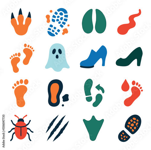 Frightening Footprints modern flat style . clawed step, muddy shoeprint, hoof mark, dragging trail, multiple steps, ghost float, broken heel print, single shoe, barefoot