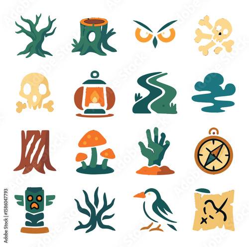 Frightening Forest modern flat style . twisted trees, hollow trunk, owl eyes, bone pile, animal skull, lantern shadow, crooked path, fog patch, claw marks on bark