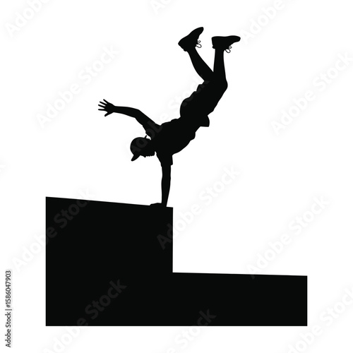 Silhouette of a parkour athlete performing a handstand over an urban barrier in minimal black and white vector style