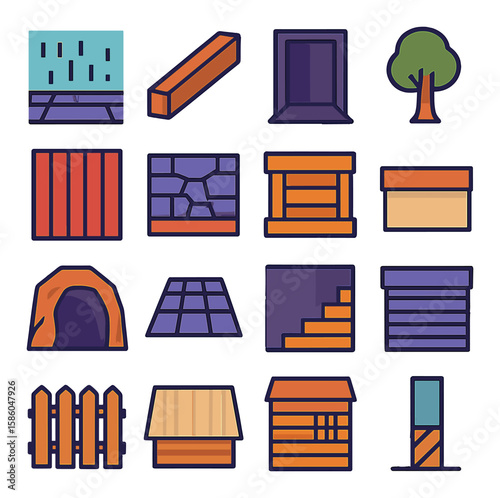 Environmental Context modern flat style . rainy street wall, abandoned building beam, dark hallway door, forest tree trunk, barn wall, cellar stone wall, warehouse crate