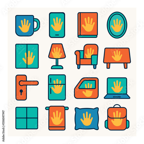 Objects with Prints modern flat style . mug with handprint, phone screen, book cover, mirror frame, window pane, lamp shade, chair arm, table top, door handle, fridge