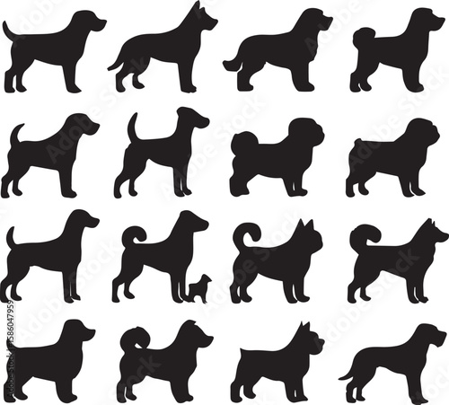 Collection of various dog breed silhouettes arranged on a white background