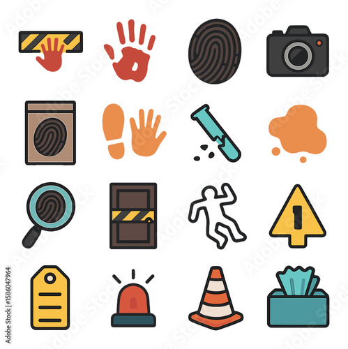 Crime Scene Elements modern flat style . police tape with handprint, bloody glove print, fingerprint smudge, crime camera, evidence bag with print, footprint next to