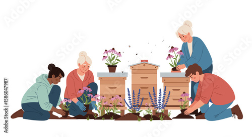 People gardening around beehives with flowers outdoors