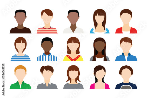 Diverse Avatar Collection: A collection of stylized human avatars, representing a diverse range of individuals in various skin tones, hair styles, and clothing, perfect for any design needs. 
